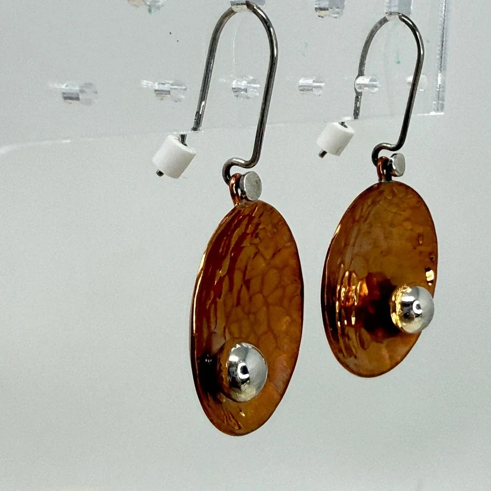 Artisan Hammered Copper‎ Orb Earrings Brutalist Modern Signed